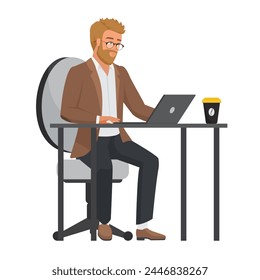 Teacher sitting at table with laptop and cup of coffee, expert working vector illustration