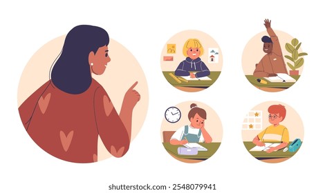 Teacher and smart children cartoon characters enjoying studying process isolated composition