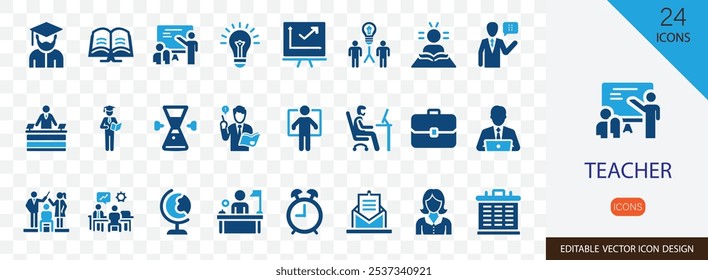 Teacher solid vector icon set. containing lesson, class, school, professor, tutor, coach, guide, lecturer and more vector design