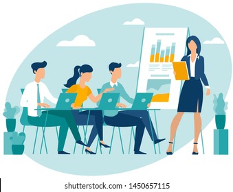 Teacher speaking to students group with notebooks and gadgets. Flat design people cartoon characters vector illustration of university college lesson lecture. 