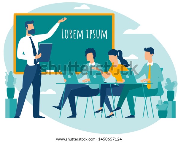 Teacher speaking to students group with\
notebooks and gadgets. Flat design people cartoon characters vector\
illustration of university college lesson lecture.\
