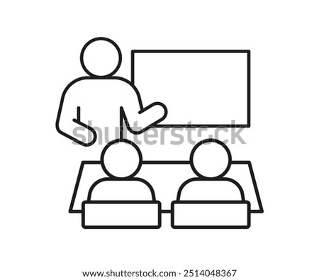Teacher speech in school class with audience spectator schoolchild, line icon. Speaker leads lesson at blackboard. Vector illustration