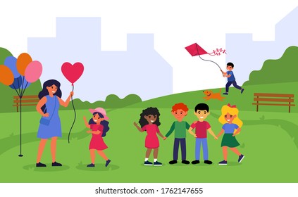 Teacher spending time with preschoolers in park. Woman and children walking together outdoors flat vector illustration. Preschool activity concept for banner, website design or landing web page