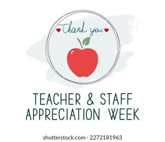 Teacher and staff appreciation week school banner. Red apple, text Thank You and hearts in the frame on white, vector.