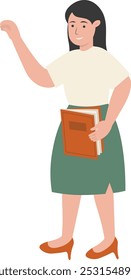 Personagem da equipe do professor enquanto segura um livro. Isolado no fundo branco. Ilustração de vetor plano