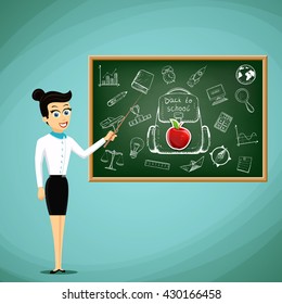 Teacher stand next to the blackboard. Back to school. Stock vector illustration.