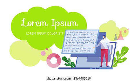 Teacher Stand on Laptop Keyboard Pointing on Screen with Hand Written Mathematics and Algebra Formulas. Advertising Template for Distant Education. Cartoon Flat Vector Illustration. Horizontal Banner