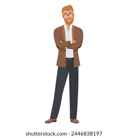 Teacher standing with arms crossed on chest, man with beard and glasses teaching vector illustration