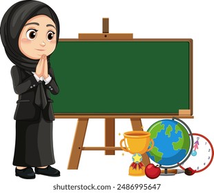 Teacher standing beside a chalkboard and school items