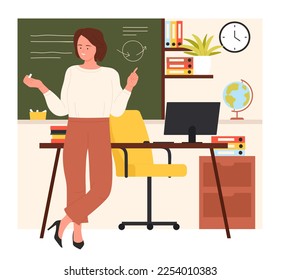 Teacher standing at blackboard in classroom vector illustration. Cartoon woman training students of school, college or university on lesson, female professor teaching and explaining at chalkboard