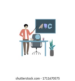A teacher standing at the blackboard with a pointer in her hand. A fragment of the interior of the school class. Flat vector illustration. Education theme.
