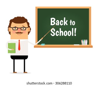 The teacher is standing at the blackboard and showing with pointer to the inscription: "Back to School"