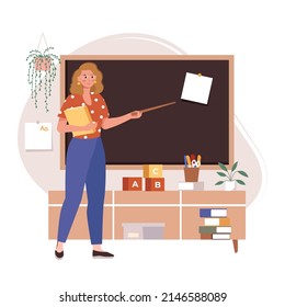 Teacher standing by blackboard or chalkboard in the classroom. Elementary grades teacher. Education, learning, explanation, lecture concept. Flat vector illustration isolated on white. Teacher's day.