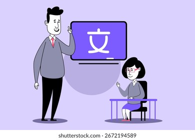Teacher standing by digital screen displaying characters while student sitting at desk, actively participating in learning session