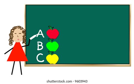 teacher standing at chalk board teaching alphabet with apples - vector
