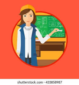 Un profesor parado en el aula. Profesor parado frente a la pizarra. Profesora con un trozo de tiza en la mano. Ilustración de diseño plana vectorial en el círculo aislado en el fondo.