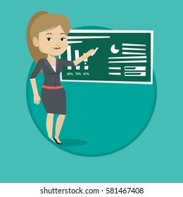 Teacher standing in classroom. Teacher standing in front of the blackboard with a piece of chalk. Teacher writing on a chalkboard. Vector flat design illustration in the circle isolated on background.