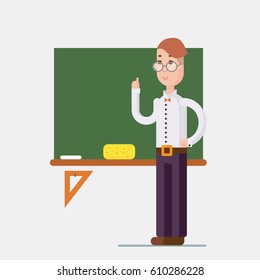 Teacher standing in front of blackboard in classroom at school, college or university. Flat design people characters.