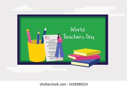 A teacher is standing in front of class with a set of penci, books, chalk board, paper test to teach the students isolated illustration