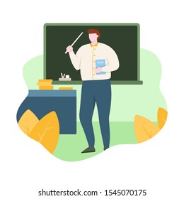 Teacher Standing in front of Classroom with Book Blackboard Flat Design Illustration