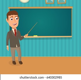 Teacher standing in front and holding pointer. Empty chalkboard on the wall in the classroom. Color vector flat illustration.
