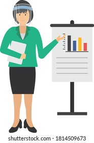 Teacher is standing and giving presentation vector icon design illustration, New normal Business people on white background, Lady wearing coronavirus prevention face visor Sign,