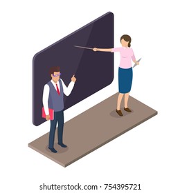 Teacher standing near blackboard with book and woman pointing on screen, lecture professor characters vector illustrations in isometric design