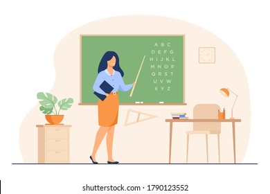 Teacher standing near blackboard and holding stick isolated flat vector illustration. Cartoon woman character near chalkboard and pointing on alphabet. School and learning concept