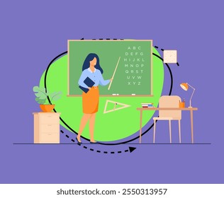 Teacher standing near blackboard and holding stick isolated flat vector illustration. Cartoon woman character near chalkboard and pointing on alphabet. School and learning concept