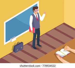 Teacher standing near blackboard on grammar lesson side view 3D vector illustration. Leather briefcase stands on floor, pupils hands with open textbook