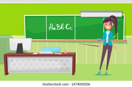 Teacher standing near blackboard with pointer at lesson. Letters written on blackboard vector. In classroom is table with stationery and computer. Back to school concept. Flat cartoon