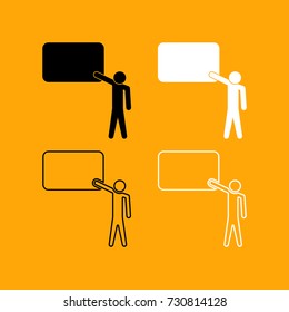 Teacher standing near board set black and white icon .