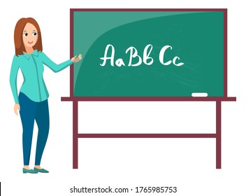 Teacher standing near chalkboard, letters abc on green board. Tutor teaching, educational element, elementary school, alphabet symbol, lesson vector