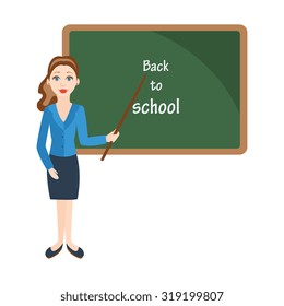 Teacher standing next to a blackboard. Vector illustration in flat style.