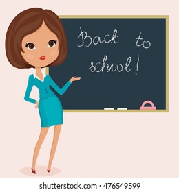 Teacher standing next to chalkboard with lettering "Back to school". Vector illustration