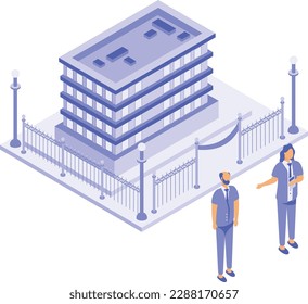 Teacher Standing Outside School Concepto isométrico del edificio escolar, Profesor Hablando en el diseño de iconos de vectores de la calle, Centro de Estudios Símbolo abierto, Comprar comercio comercial oferta de valores 