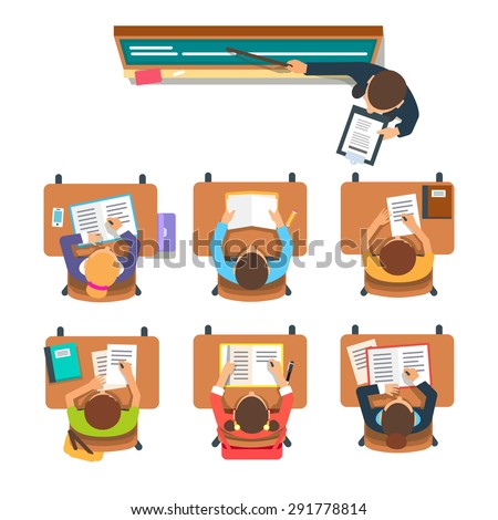 Teacher standing and pointing at the chalkboard teaching in front of the children sitting at the desks in classroom. Flat vector illustration isolated on white background.