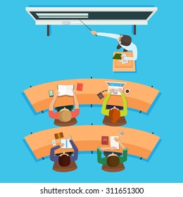 Teacher standing and pointing at the modern interactive whiteboard teaching in front of the children sitting at the desks in classroom. Flat vector isolated illustration.