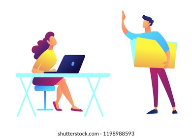 Teacher standing and pointing and student sitting at the desks vector illustration. Education and training, professional educator and tutor, lecture and lesson concept. Isolated on white background.