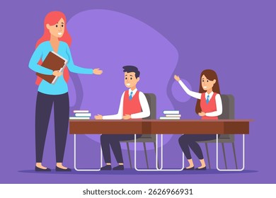 Teacher standing while presenting material to two attentive students seated at desk. Learning environment concept