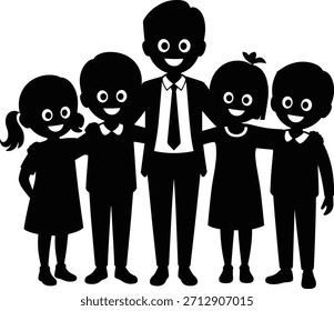 Un maestro se para con los brazos alrededor de cinco niños sonrientes, simbolizando la unidad y la educación.