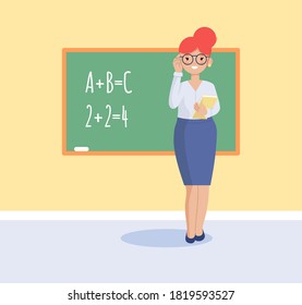 The teacher stands at the blackboard with a book. Vector, flat illustration.