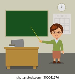 The Teacher Stands At The Blackboard In Class.