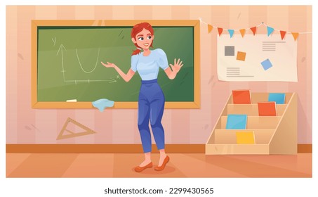 Teacher stands at the blackboard in classroom. Woman teaching math at school. Lecturer teaching in class. Professors at chalkboards.