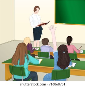 Teacher stands at the blackboard. Lesson at school. Teacher's Day. Children listen to the lecture. Education of students. Vector illustration.