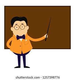 The teacher stands at the blackboard with a pointer in his hand. A man shows on a school Board. Vector illustration, white background. 