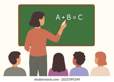 Uma professora se posiciona em um quadro-negro, explicando uma simples equação matemática para um grupo de estudantes sentados na frente dela.