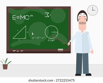 Un profesor se para frente a una pizarra con fórmulas de matemáticas y ciencias. El aula tiene un reloj y una planta. El profesor utiliza un puntero para enseñar a los estudiantes.