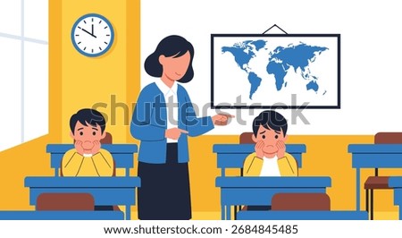 A teacher stands in front of two young students at their desks in a classroom setting. A world map is displayed on the wall.