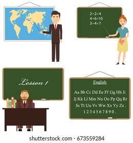 The teacher stands near the board with a pointer, the teacher points at the map. Blackboard. Flat design, vector illustration, vector.